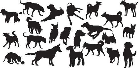 Dogs, set, vector, silhouette, in various pose, white, background
