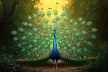 Obraz premium vibrant oil painting of male peacock standing proudly in lush forest, showcasing its colorful feathers and intricate patterns. serene background enhances beauty of this majestic bird