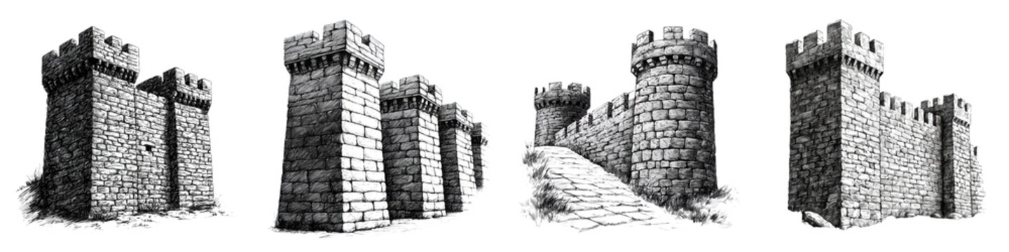 Collection of Majestic Medieval Fortified Castles Overlooking Picturesque Landscapes with Stone Walls Towers and Battlements in a Historic Adventurous Setting