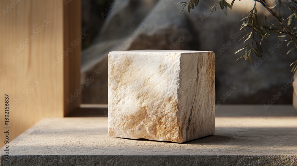 Poster stone podium with blurred background and tree branch creating a natural minimalist scene