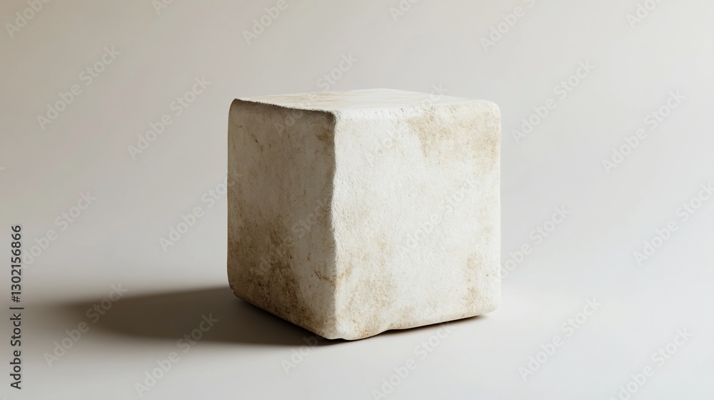 Poster a single, off-white, cubic object with a textured surface is displayed against a plain backdrop