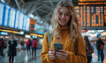 Smiling traveler checking her boarding time on mobile phone at airport