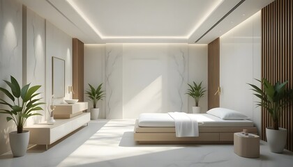 Modern Minimalist Bedroom with Bright Natural Light and Elegant Plant Decor for Relaxing Retreat
