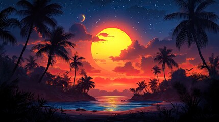 Obraz premium Tropical island sunset seascape, vibrant colors, serene view, digital art, background, stock photo