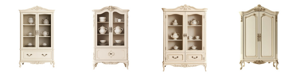 Elegant and Ornate Vintage Wooden Cabinets Bookcases and Shelving Units Perfect for Displaying Antique Collectibles Curios and Decorative Items in Luxury Home Interiors Museums or Galleries