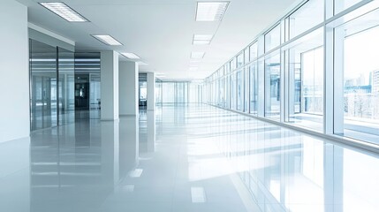 Obraz premium Open Bright Office: Glass Walls Columns Reflective Floor 