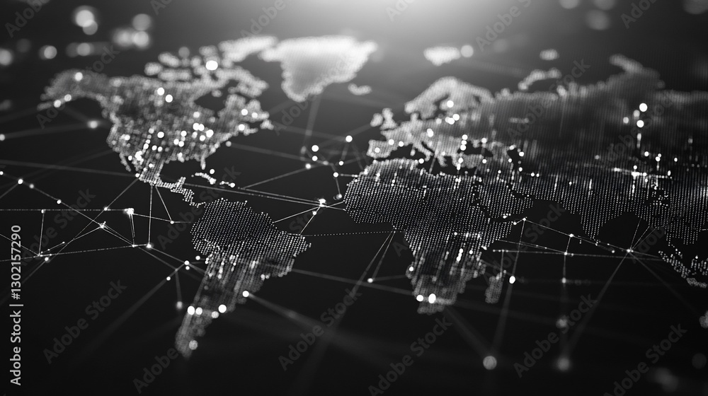 Poster global network connectivity map of world with glowing lines and nodes on black