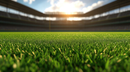 vibrant baseball field with lush green grass under bright sky, showcasing beauty of sport. sun sets in background, creating warm atmosphere