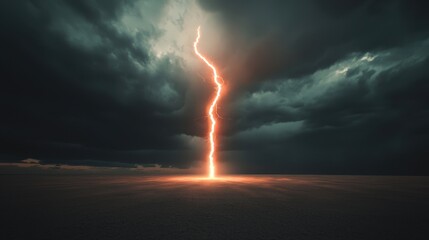A lightning bolt is seen in the sky above a barren, desolate landscape