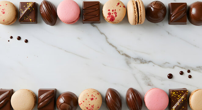  Chocolate Truffles and Macarons on Marble Background