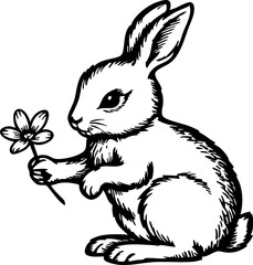 Obraz premium Playful rabbit holding a flower enchanted garden illustration whimsical close-up nature's beauty