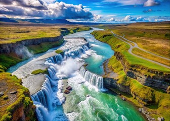 Aerial Drone Footage of Majestic Gullfoss on River Hvita Plunging into Crevice in Iceland