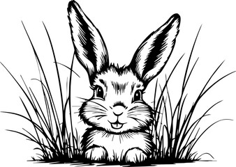 Playful rabbit peeking through grass nature scene illustration outdoor environment close-up view whimsical concept