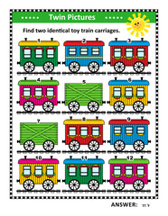 Rail road visual puzzle. Find two identical toy train carriages. Answer included.
