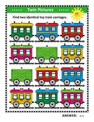 Rail road visual puzzle. Find two identical toy train carriages. Answer included.

