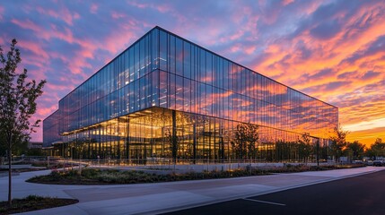 Modern Glass Building Reflecting a Vibrant Sunset Sky with Beautiful Colors
