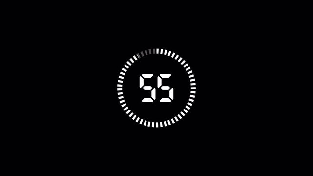  Digital circle countdown timer one minute animation from 60 to 0 seconds on transparent background, 1 minute countdown timer, Digital Countdown video