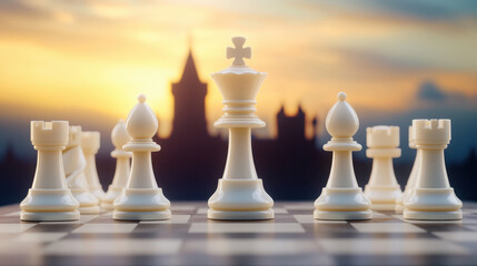 chessboard with white pieces set against sunset backdrop, creating dramatic and strategic atmosphere. pieces stand tall, symbolizing competition and intellect
