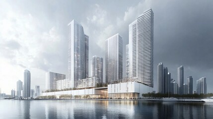 Fototapeta premium A modern cityscape featuring tall, sleek skyscrapers along a waterfront with reflective water surface