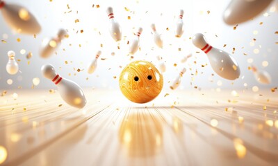 A stunning visual display of a bowling alley where a vibrant yellow bowling ball creates chaos among falling white pins amidst a backdrop of sparkling confetti, beckoning joy.