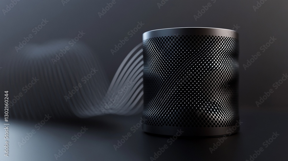 Poster sleek black cylindrical object with a wavy surface and a blurred flowing white element