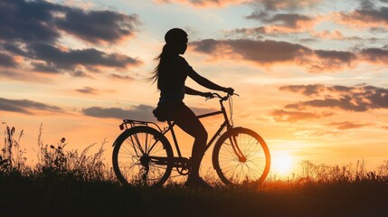 Obraz premium Silhouette Girl on Bicycle Ride at Sunset with Clouds and Grass 