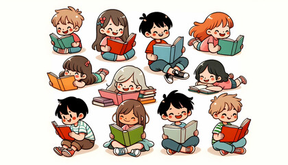 Cartoon Cartoon children of various backgrounds, engrossed in reading their colorful books