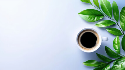 Clean desk setup with wireless keyboard and coffee home office minimalist aesthetic relaxed atmosphere top-down view productivity boost