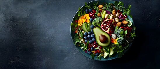 Fototapeta premium Vibrant healthy salad bowl with avocado, pomegranate, blueberries, broccoli, nuts, and edible flowers. Dark background.