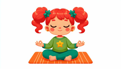Cartoon A serene cartoon child with red pigtails, wearing a green shirt with a yellow star, sitting cross-le2