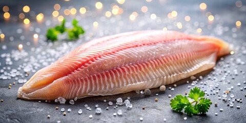 Delicate raw sole meunière, French artistry.  Rule of thirds applied for striking food photography.