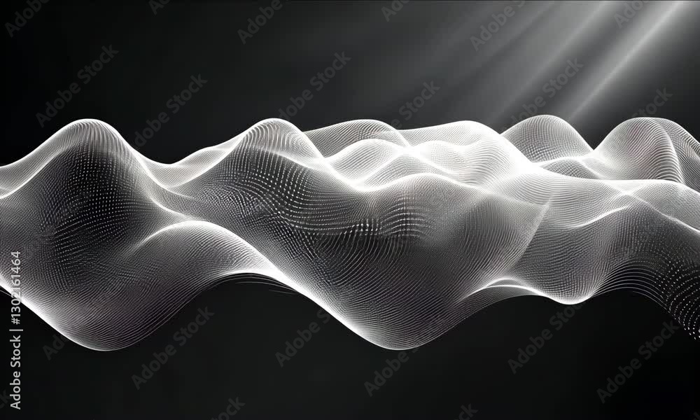 Poster abstract waveform animation, white dots flowing on black background with rays