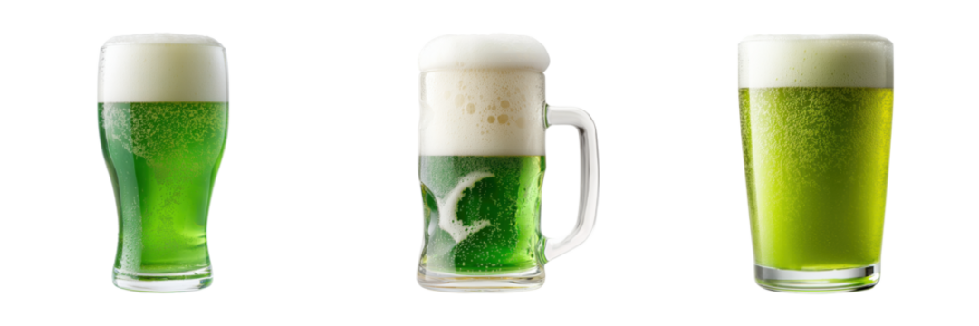 St.Patrick's Day Theme, Three glasses of green beer, showcasing different styles and foam levels against a transparent backdrop.