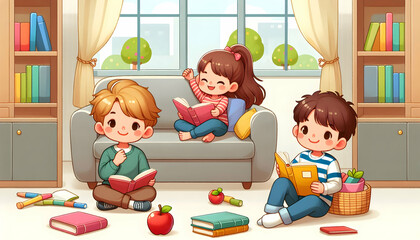 Fototapeta premium Cartoon A cheerful indoor scene with three children
