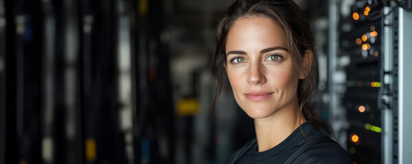 Tech-savvy woman in data center close-up portrait professional environment empowering concept