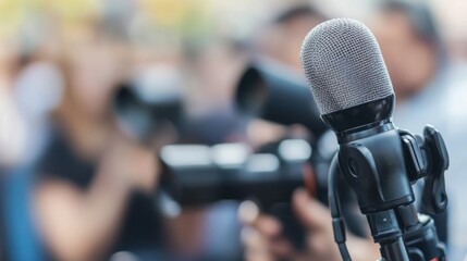 Close-up of Microphone with Cameras in Background at Event Setup