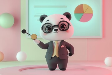 A cute panda in a suit presents a business chart, showcasing data analysis in a playful manner.