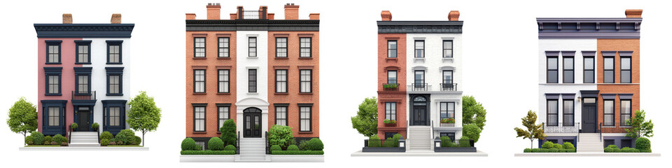 Fototapeta premium Picturesque row of elegant historical brownstone townhouses with beautifully maintained facades lush green trees and a tranquil urban street scene