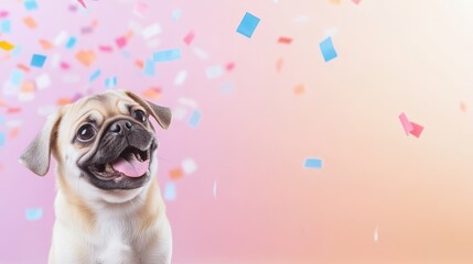 Pug Under Confetti: A cheerful pug basks in a shower of colorful confetti, its joyful expression and playful eyes captured against a soft pastel backdrop.