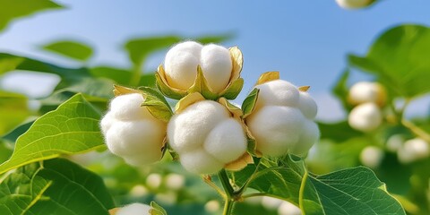 Cotton plant blossoming under clear blue sky close-up photography nature setting vibrant colors plant life beauty of agriculture
