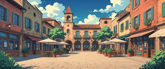 Old town plaza background anime retro cartoon concept illustration