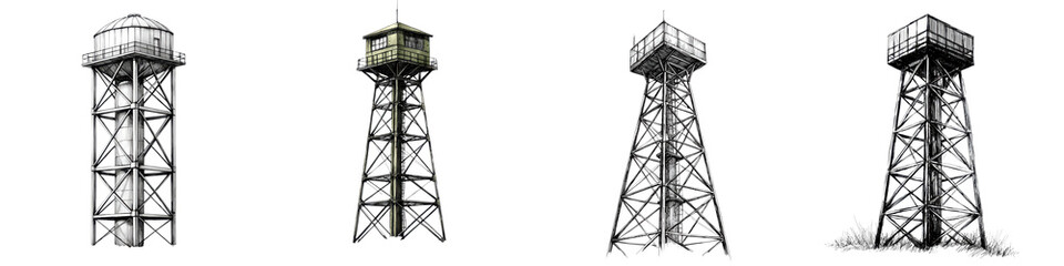 Dramatic monochrome silhouettes of tall industrial utility towers antennas and communication structures reaching up towards the sky