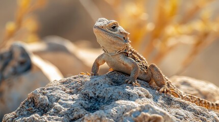 Bearded dragon sunbathing on rock desert habitat wildlife photography natural environment close-up view reptile behavior