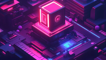 Futuristic digital cube, glowing neon lights, abstract circuitry. Potential use Technology background, graphic design