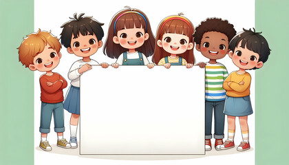 Cartoon A bright and cheerful cartoon illustration of six diverse children standing behind a large blank whi4