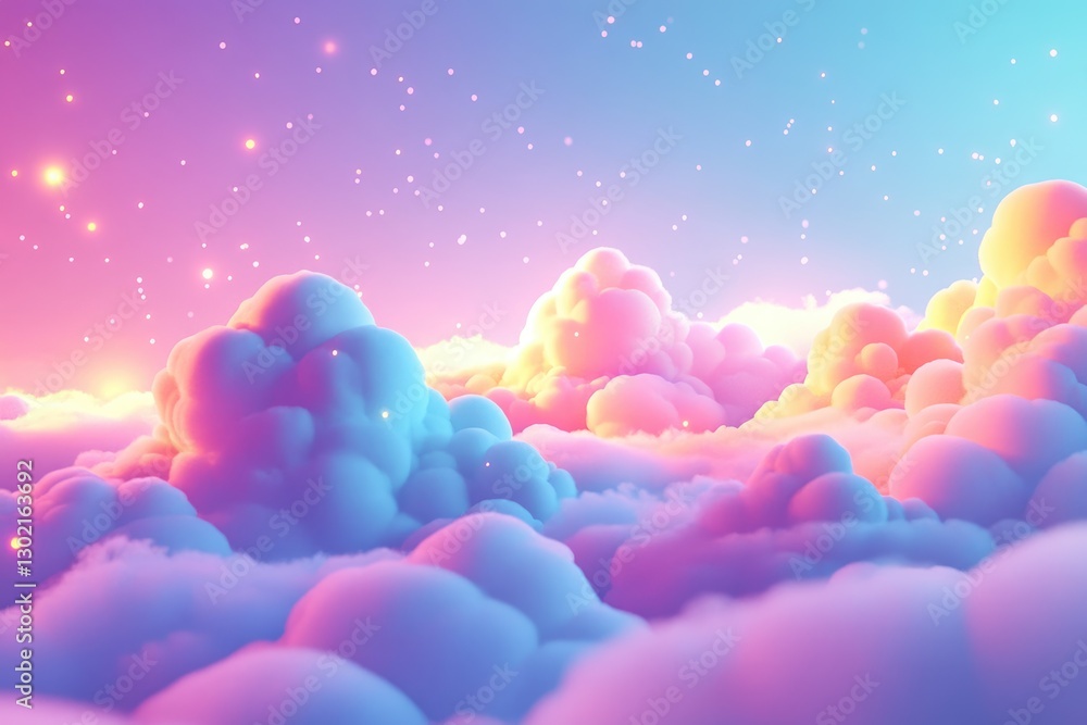 Poster dreamlike pastel cloudscape with soft lighting and floating particles, evoking serenity and fantasy.