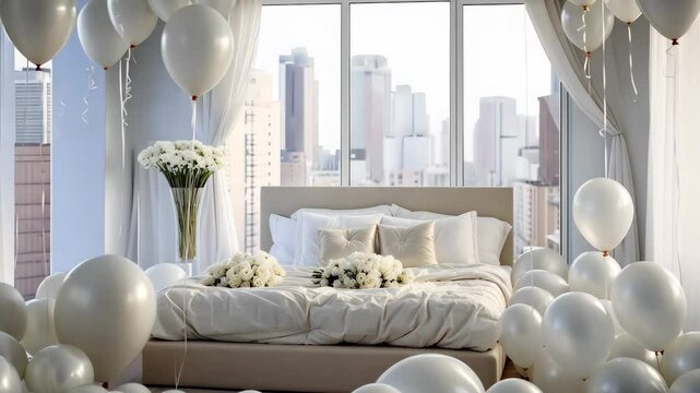Dreamy Oasis: A serene bedroom, adorned with a profusion of white balloons and exquisite floral arrangements, offering a captivating vista of the city skyline. A symbol of serenity.