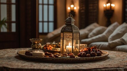 kurma on the table with aesthetic lamp