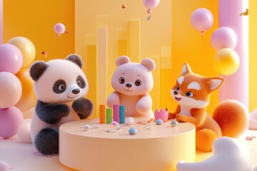 Adorable panda, bear, and fox celebrate a birthday with colorful balloons and treats.