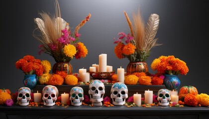 Vibrant day of the dead altar with flowers candles and skull decorations celebration 